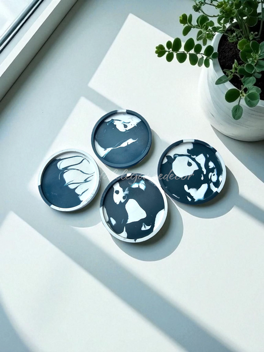 Handmade Contemporary Jesmonite Round Drink Coaster Set of 4 Inch Deep Blue