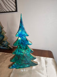 Load image into Gallery viewer, Handmade Teal and Gold Christmas Trees with Branches Holiday Shelf Sitter in 8 inch size, featuring beautiful teal hues and metallic gold details for holiday charm.
