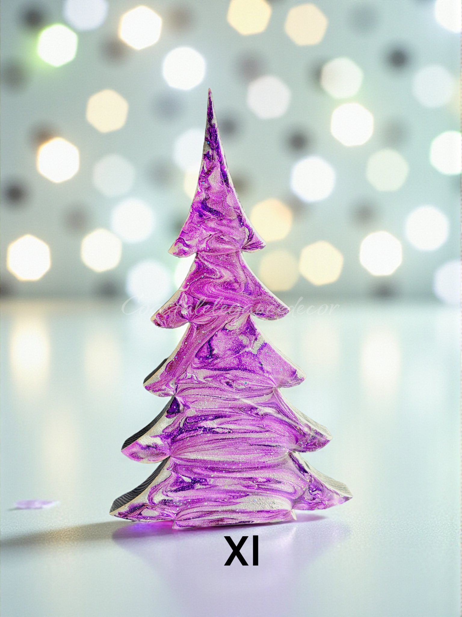 Handmade Purples and Fuchsia Resin Wood Christmas Trees Holiday Mantelpiece in Lg size 12" by Coastal Elegance Decor.