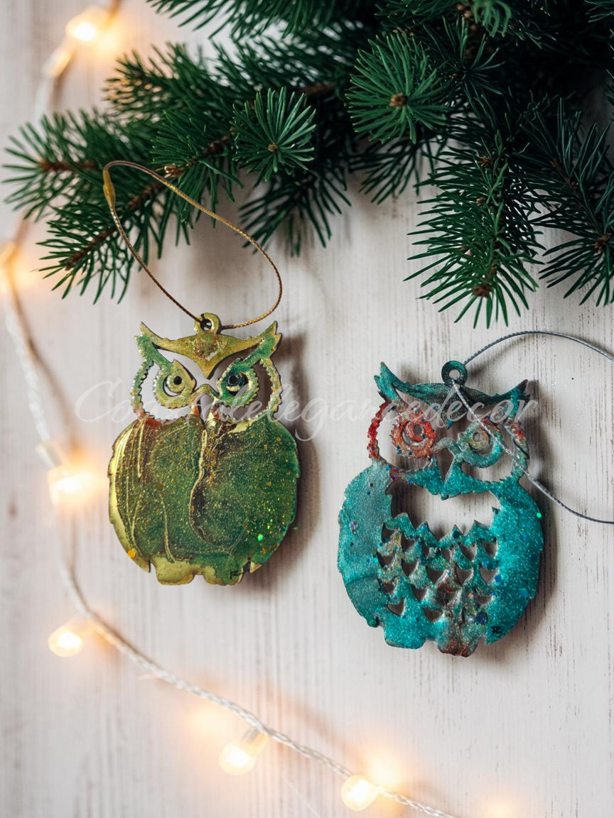 Sparkly Handmade Resin and Wood Owl Christmas Ornaments