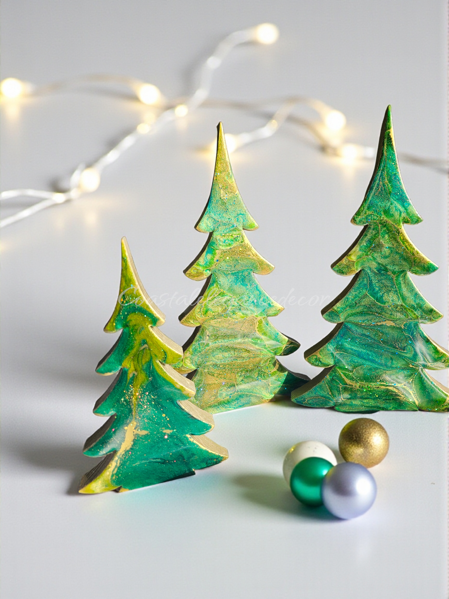 Handcrafted Gemtone Green & Gold Tabletop Sparkly Christmas Trees 8 Inches - A vibrant Christmas decor piece with stunning gemtone colors and shimmering accents, perfect for adding cheer to your mantel.