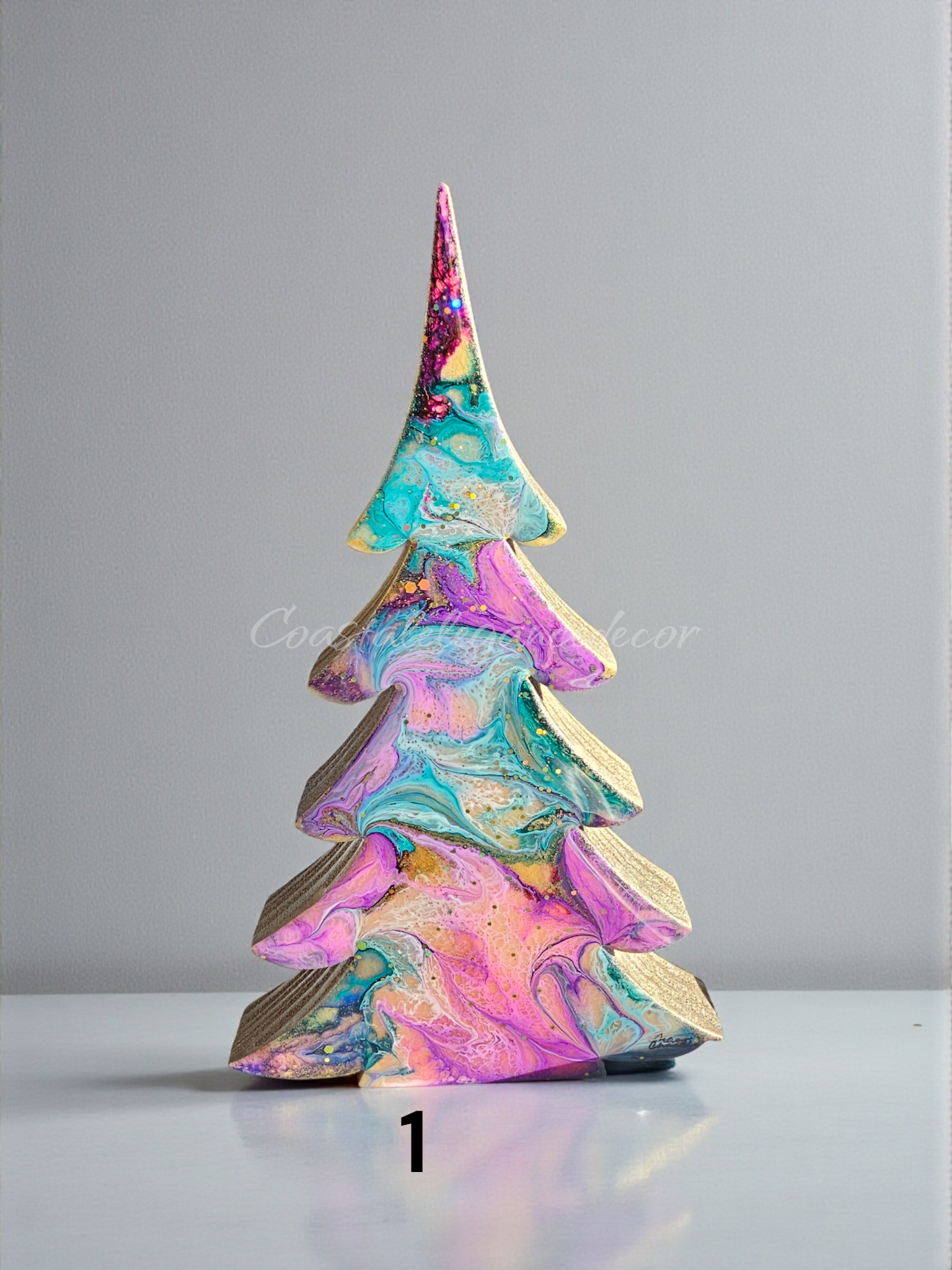 Charming Handcrafted Pastels Tabletop Sparkly Christmas Trees 8 Inches with a contemporary design featuring wood and resin materials.