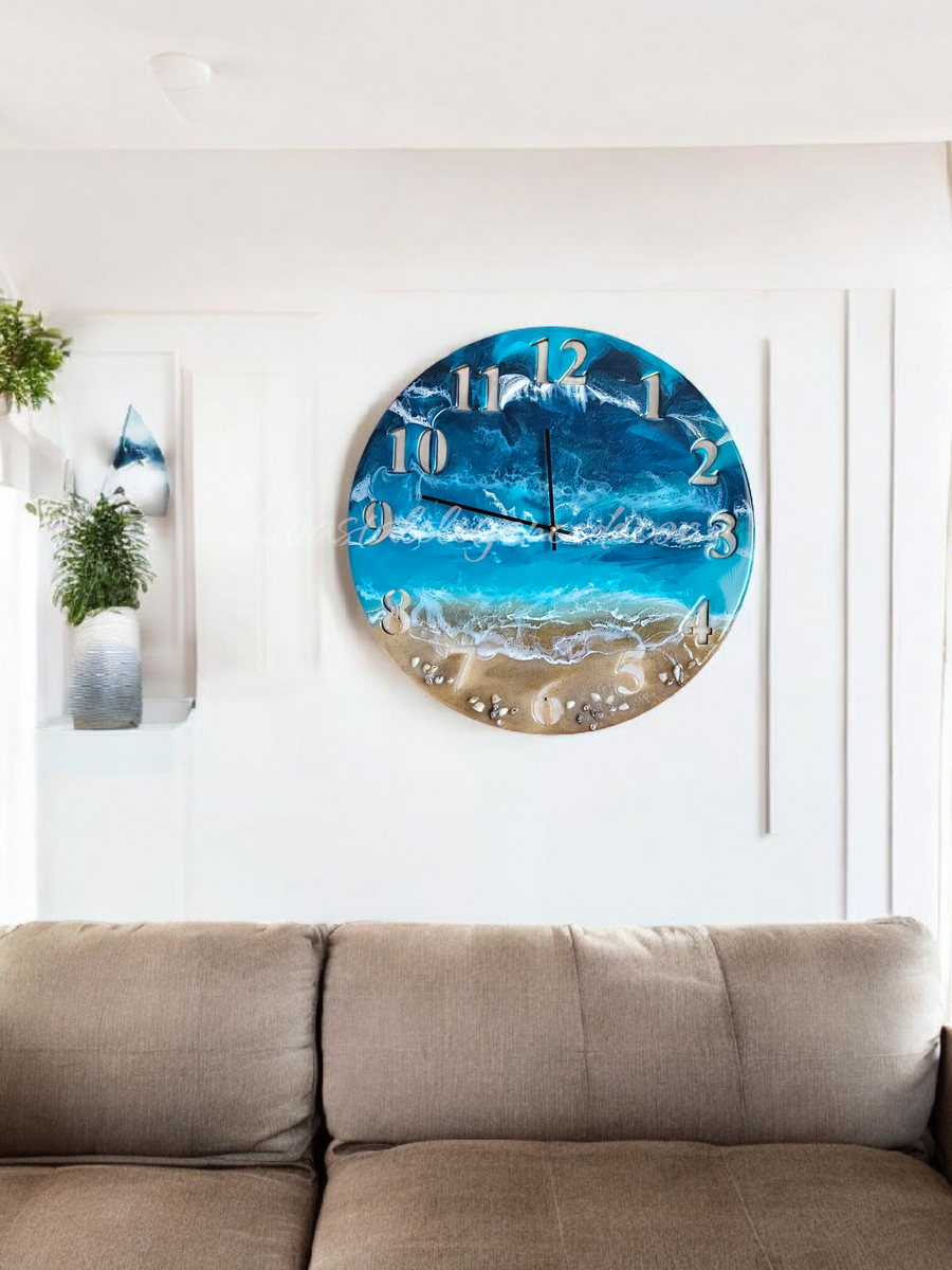 Large 19.5 Inch Blue Standard Number Wall Clock -  Sandy Beach Design with Turquoise Ocean Waters