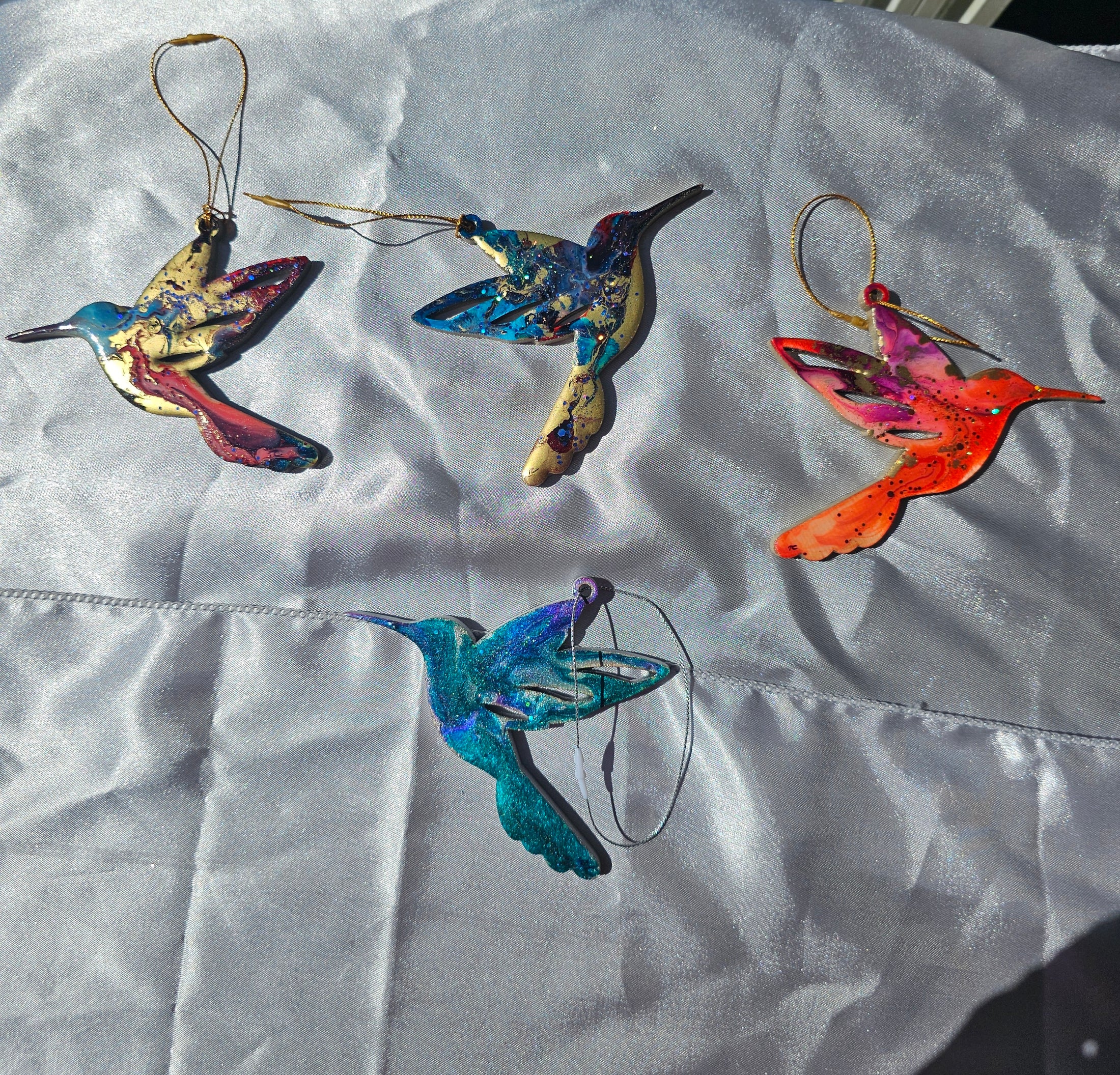 Sparkly Handmade Resin and Wood Hummingbird Christmas Ornaments