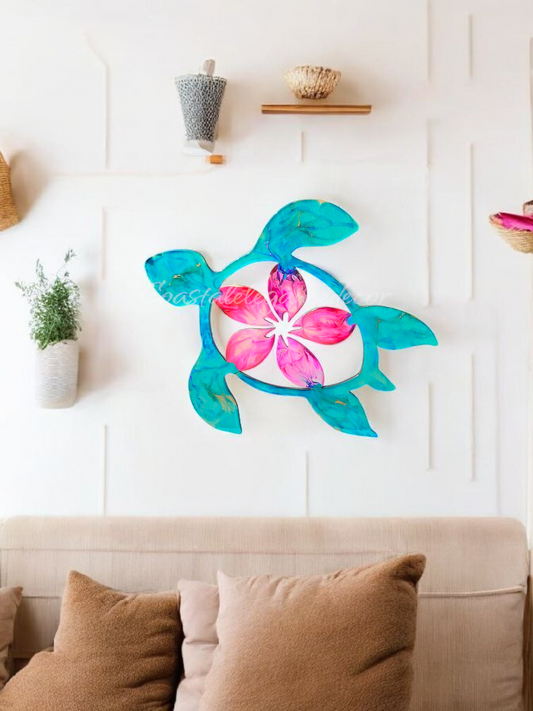 Handcrafted Coastal Polynesian Flower Sea Turtle Wall Decor - 16" x 15.5" Tropical Art