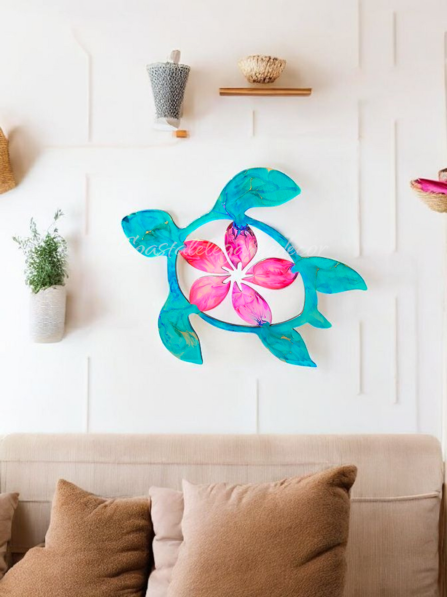 Handcrafted Coastal Polynesian Flower Sea Turtle Wall Decor - 16" x 15.5" Tropical Art