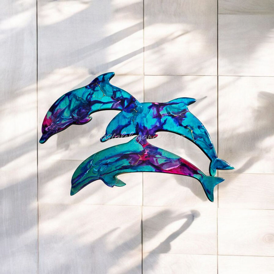 Coastal Pod of Dolphins Wall Decor Handcrafted Resin and Wood 14 Inch