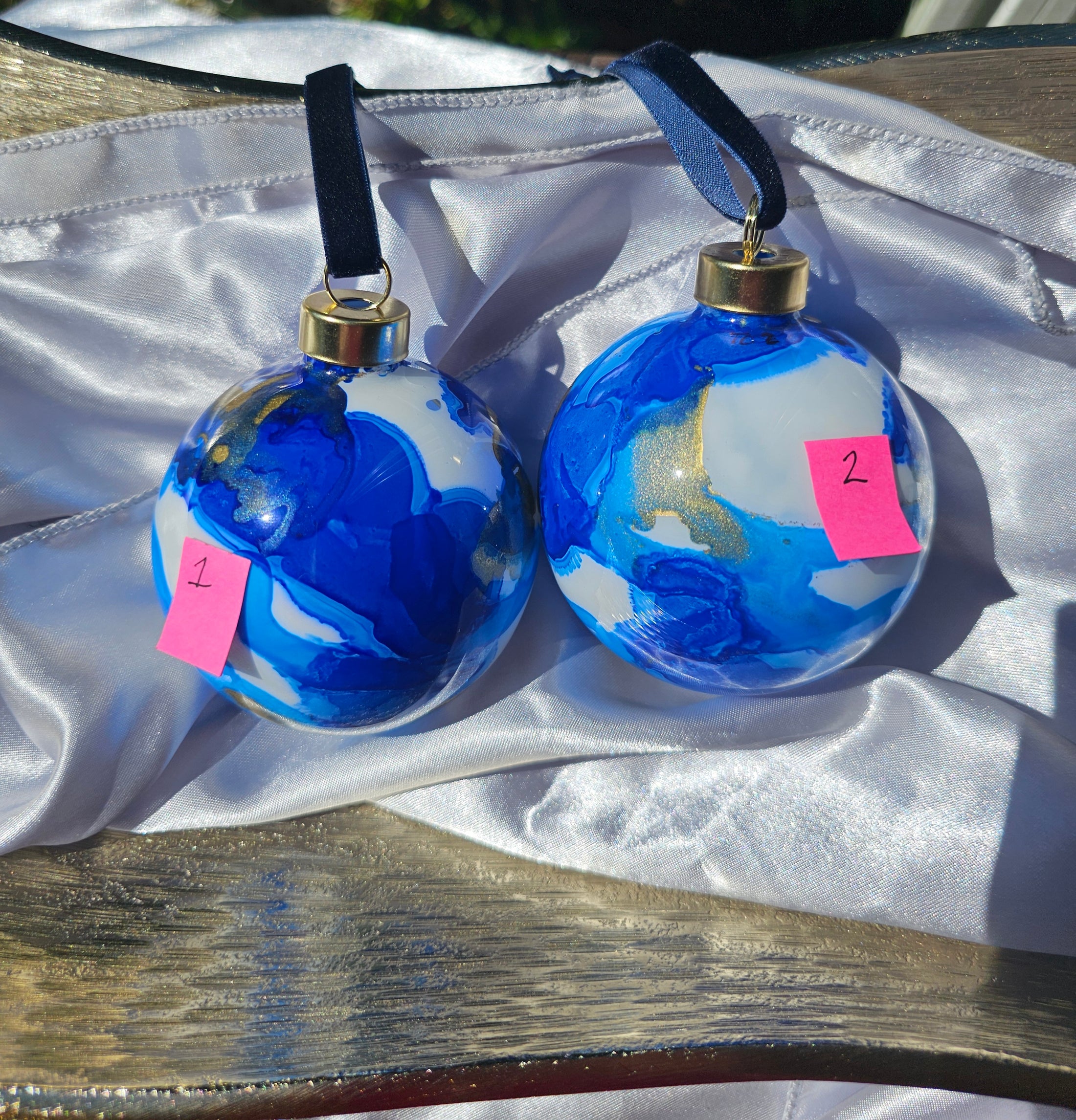 Handcrafted Royal Blues & Gold Ink Glass Christmas Ornament