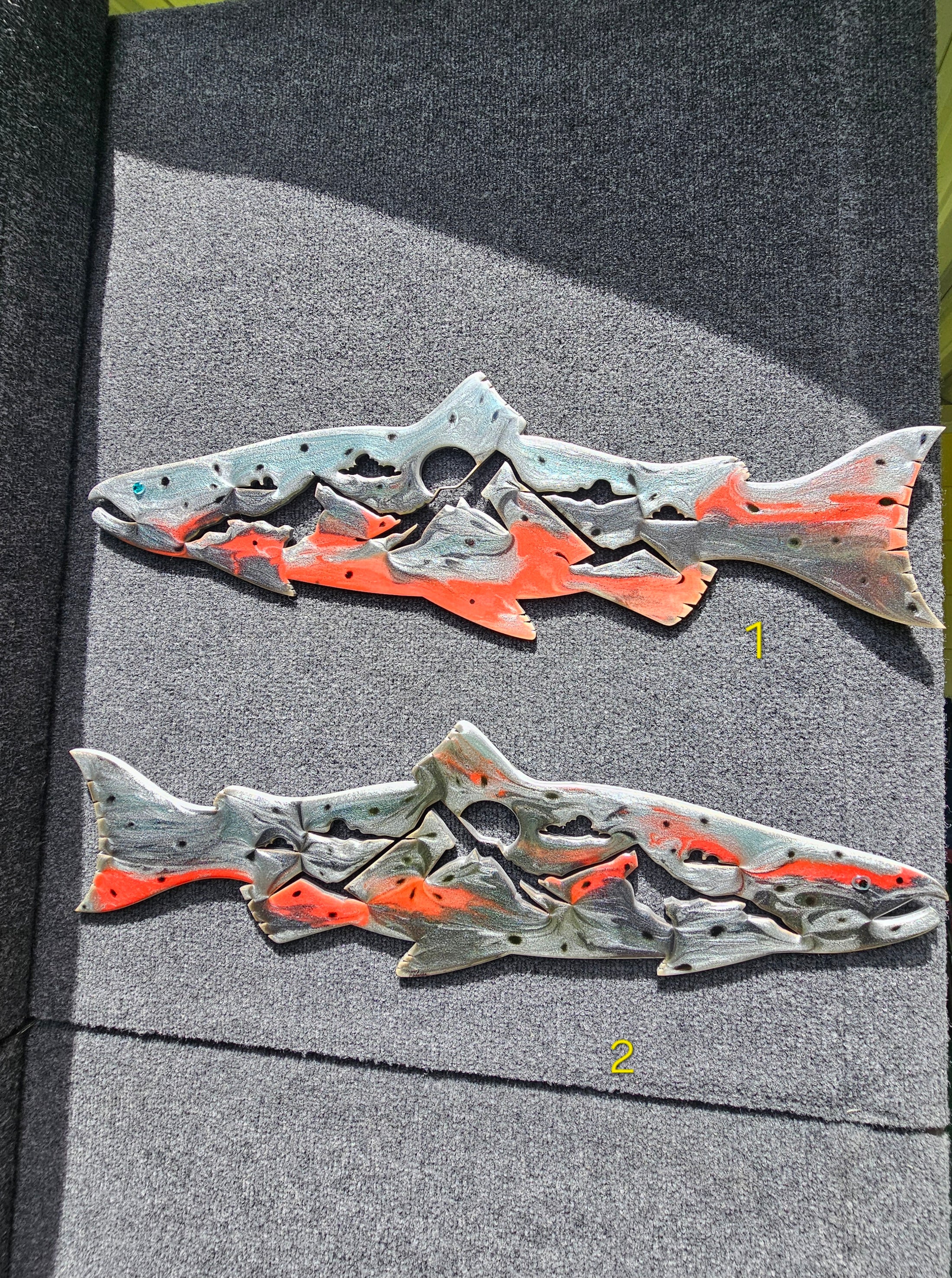 Stunning handcrafted Chinook salmon fish art featuring handmade resin on wood with shimmering colors, perfect for cabin wall decor.
