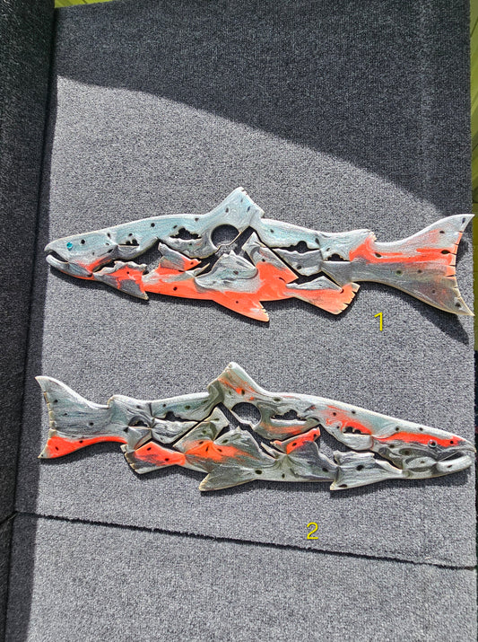 Stunning handcrafted Chinook salmon fish art featuring handmade resin on wood with shimmering colors, perfect for cabin wall decor.