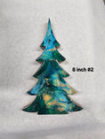 Load image into Gallery viewer, Handcrafted 8-inch Handmade Teal and Gold Christmas Tree holiday shelf sitter, beautifully painted with teal blue and sparkling gold accents.

