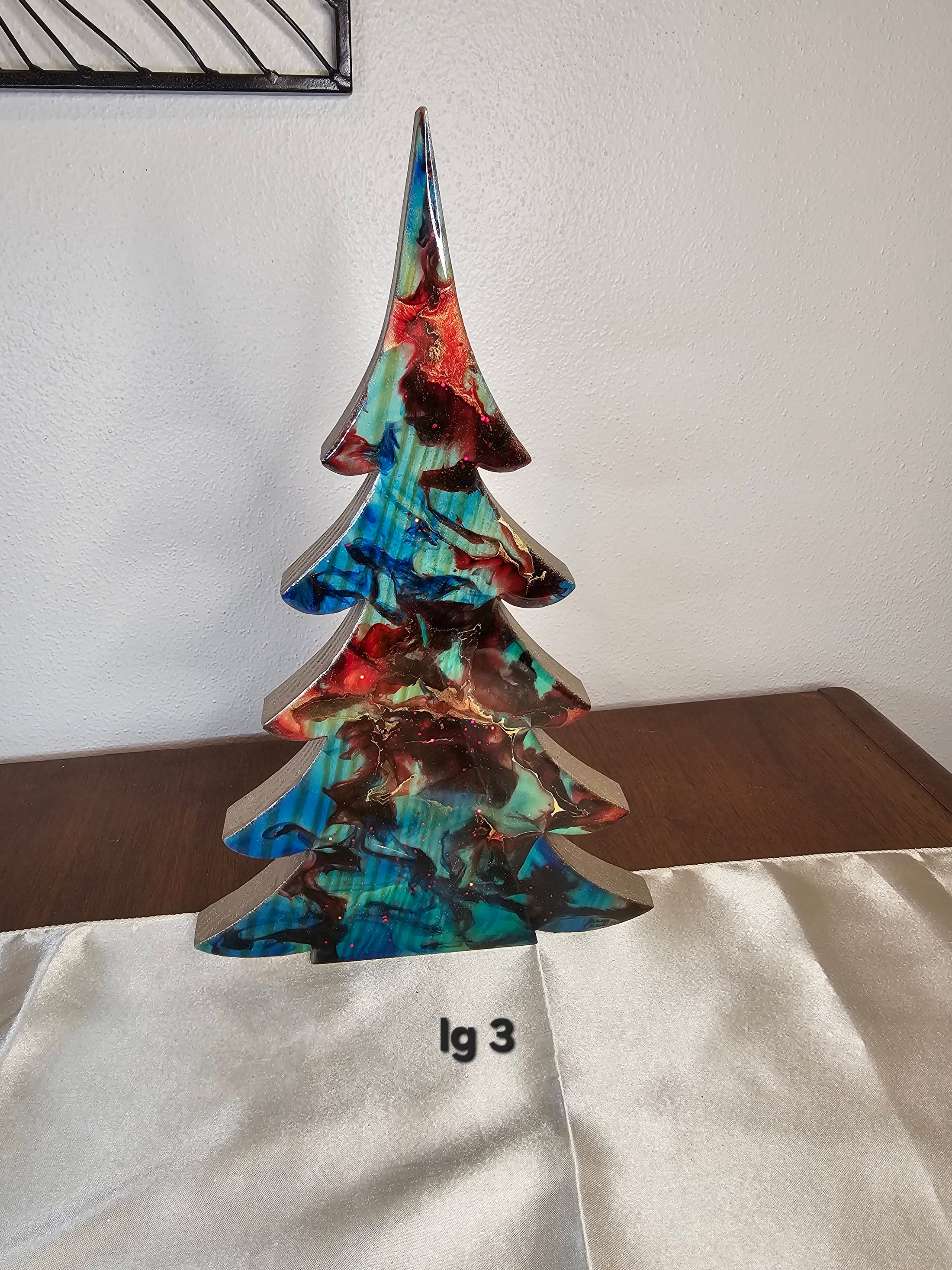 Beautiful Handmade Turquoise Christmas Trees Shelf Sitter with shimmering gold accents, ideal for holiday shelves.