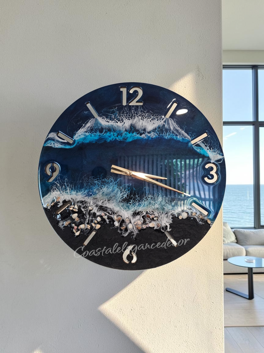 Handmade 18 Inch Deep Blues Beach Waves Wall Clock Textured Black Sand Beach & Real Seashells