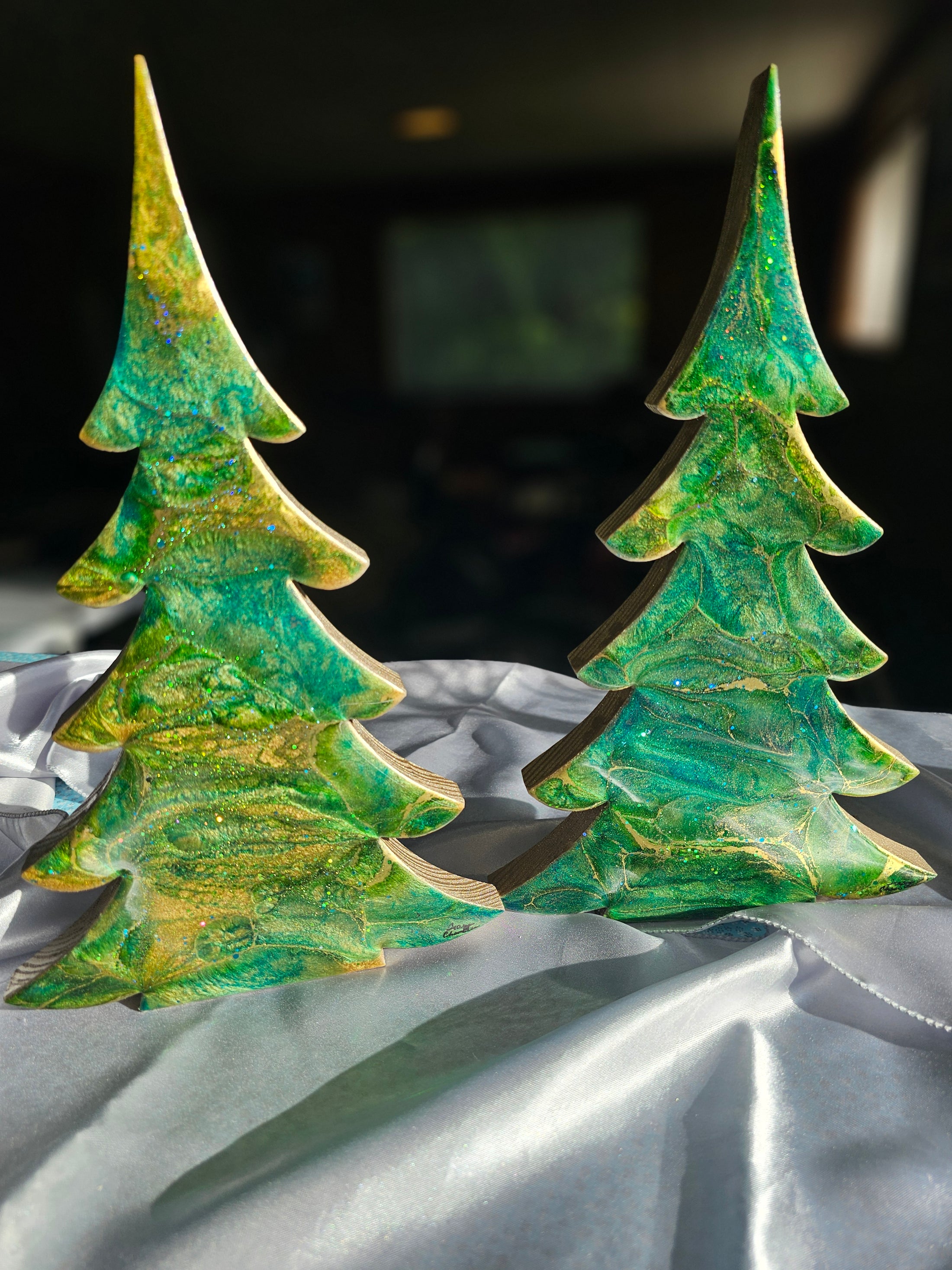 Close-up view of Handcrafted Gemtone Green & Gold Tabletop Sparkly Christmas Trees highlighting texture and detailed design, making it a perfect centerpiece for your Christmas celebrations.