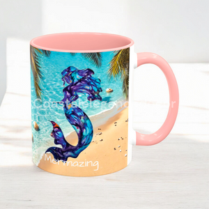 Original Art Print Beach Mermaid Mermazing Ceramic Coffee Cup Personalize It Beachy 11 Ounce Mug