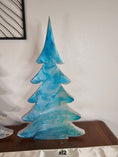Charger l'image dans la visionneuse de la galerie, Beautifully handcrafted Shimmery Silver Blue Evergreen Wood Christmas Trees in different sizes for holiday mantelpiece adornment.
