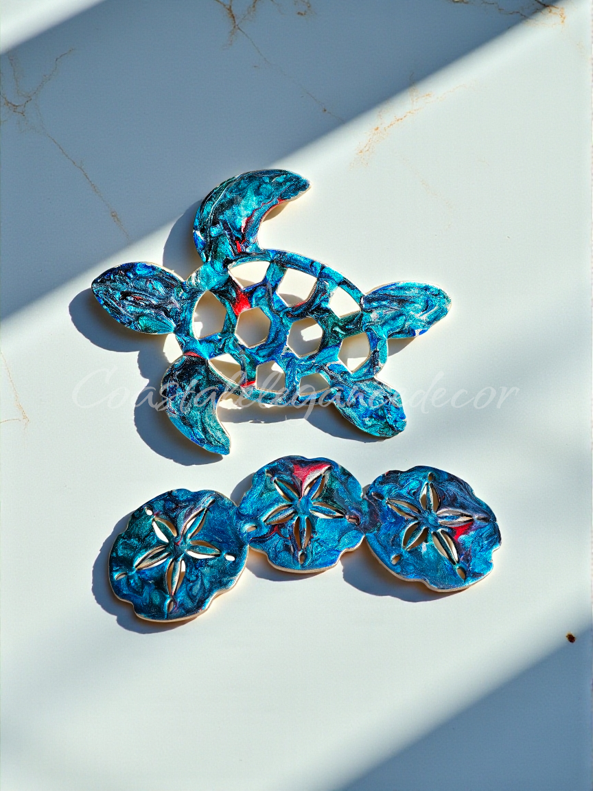 Beautiful Blue & Turquoise Shimmer Handmade Sea Turtle Wall Decoration by Coastal Elegance Decor, featuring a vibrant turquoise sea turtle and starfish design, perfect for adding a tropical touch to your home.
