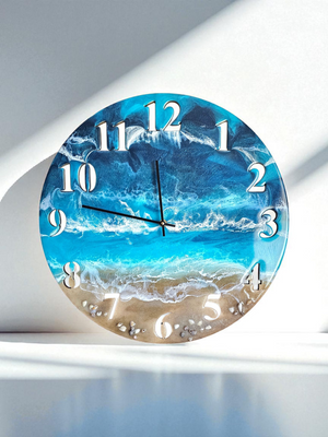 Large 19.5 Inch Blue Standard Number Wall Clock -  Sandy Beach Design with Turquoise Ocean Waters