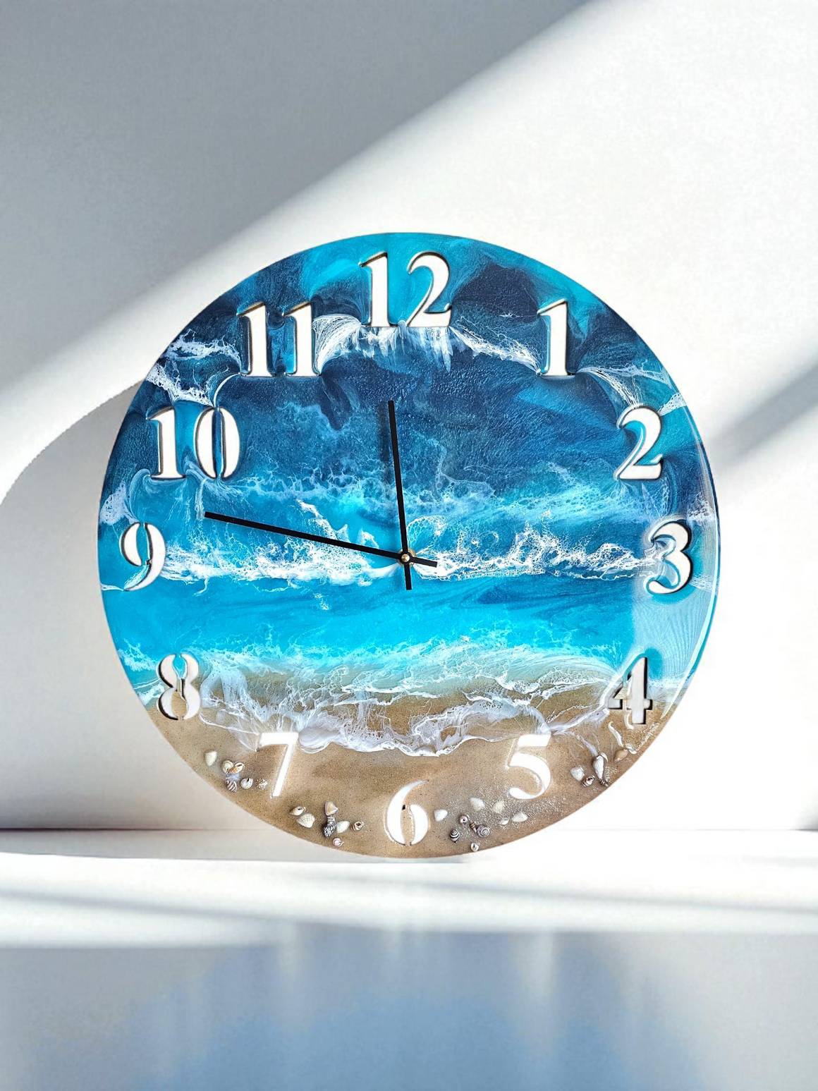 Large 19.5 Inch Blue Standard Number Wall Clock -  Sandy Beach Design with Turquoise Ocean Waters