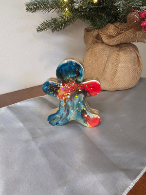 Chunky Wood with Resin Handmade Gingerbread Men Christmas Decorations Slate Blue and Red 3 Sizes