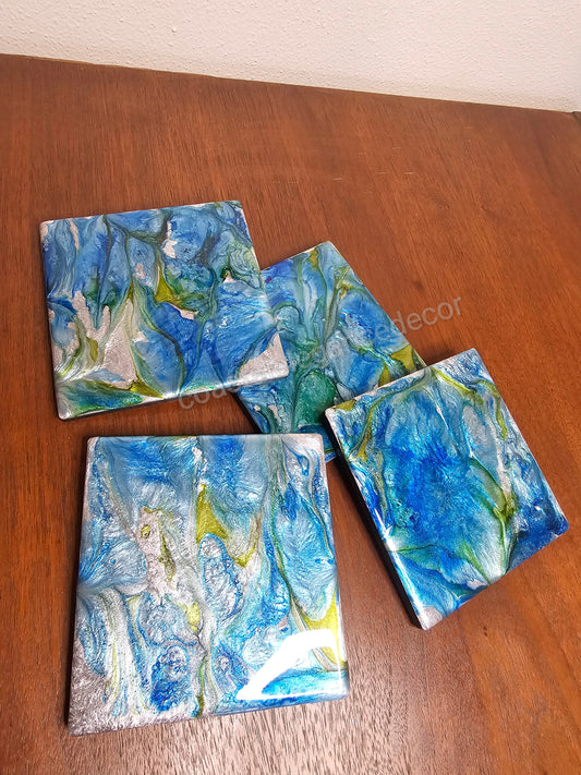 Blue and Green Resin on Ceramic Glass Drink Coasters 4 x 4 Inch Square