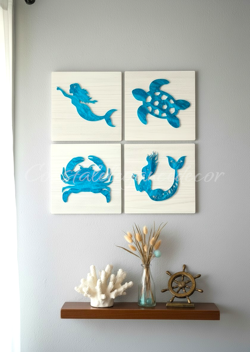 Four square tiles with blue sea-themed designs on a wall above a wooden shelf.