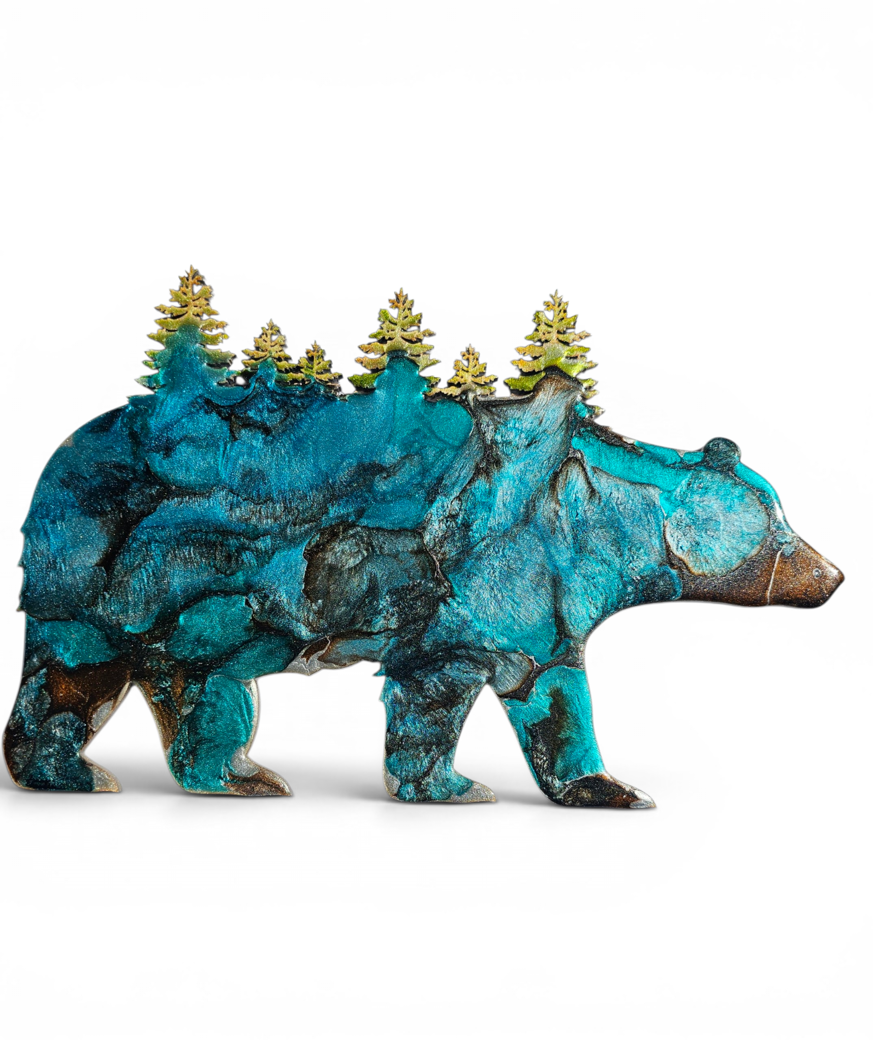 Shimmery silver and teal handmade resin bear with tree cutouts.