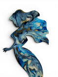 Load image into Gallery viewer, Close up of deep blue with electric blue and cream with gold metallic accents handmade resin mermaid decoration
