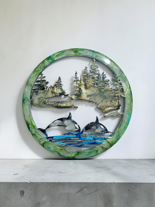 16" Orca and Forest Coastal Wall Art | Wood & Resin Round