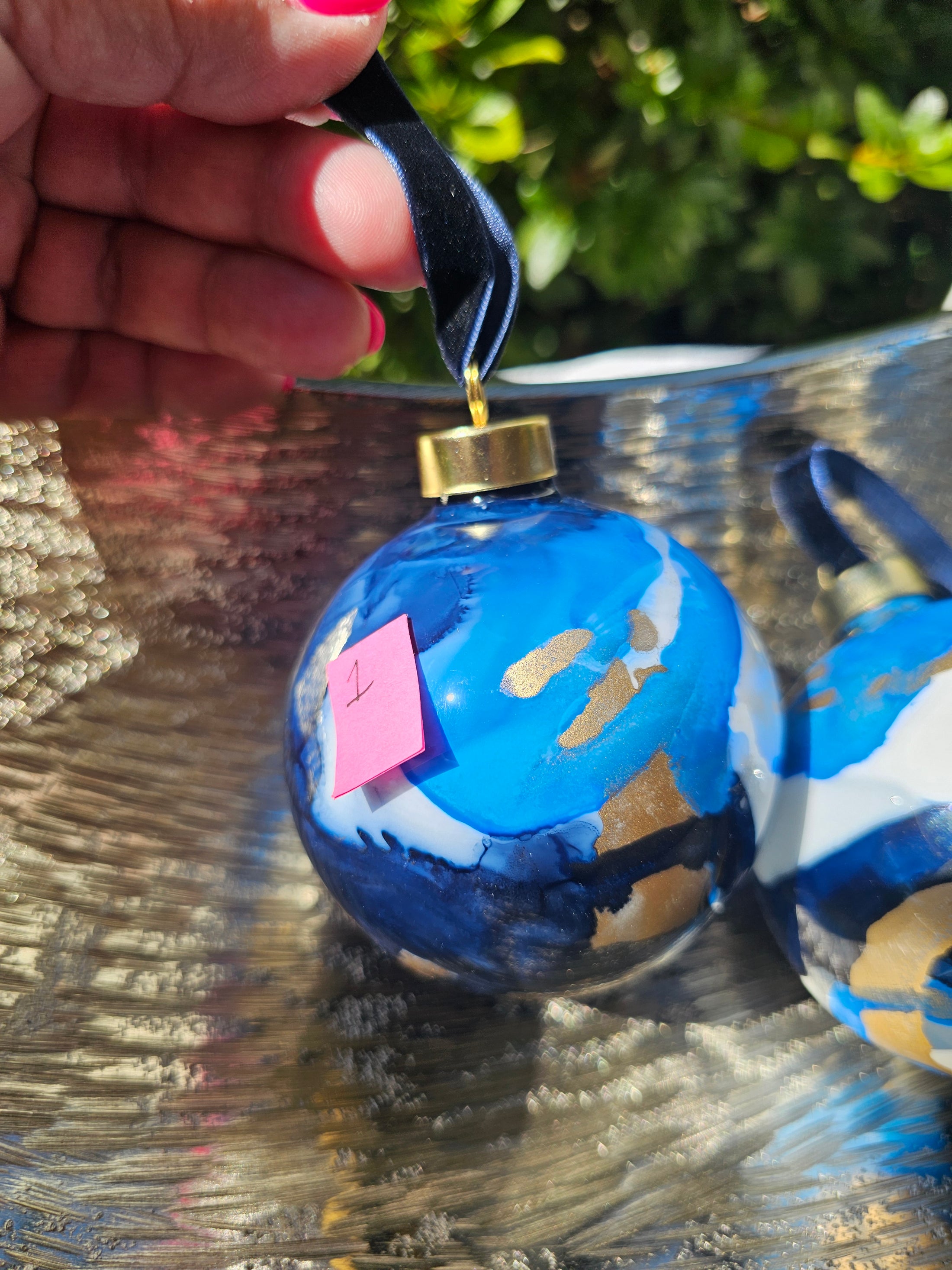 Handcrafted Deep Blue & Gold Ink Glass Christmas Ornament
