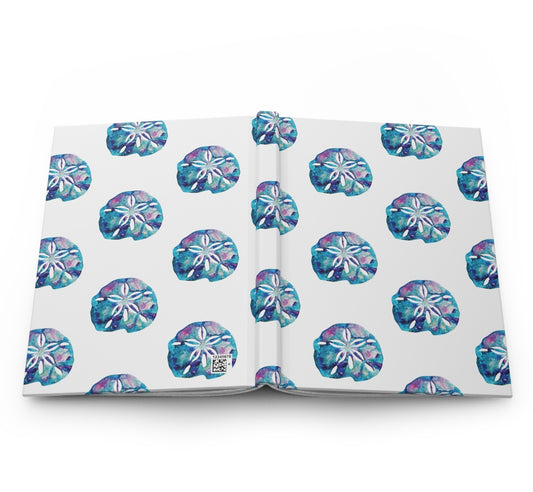 Interior view of the Beautiful Beachy Sand Dollar All Over Print Hardcover Journal lined paper, featuring a vibrant sand dollar design printed throughout.