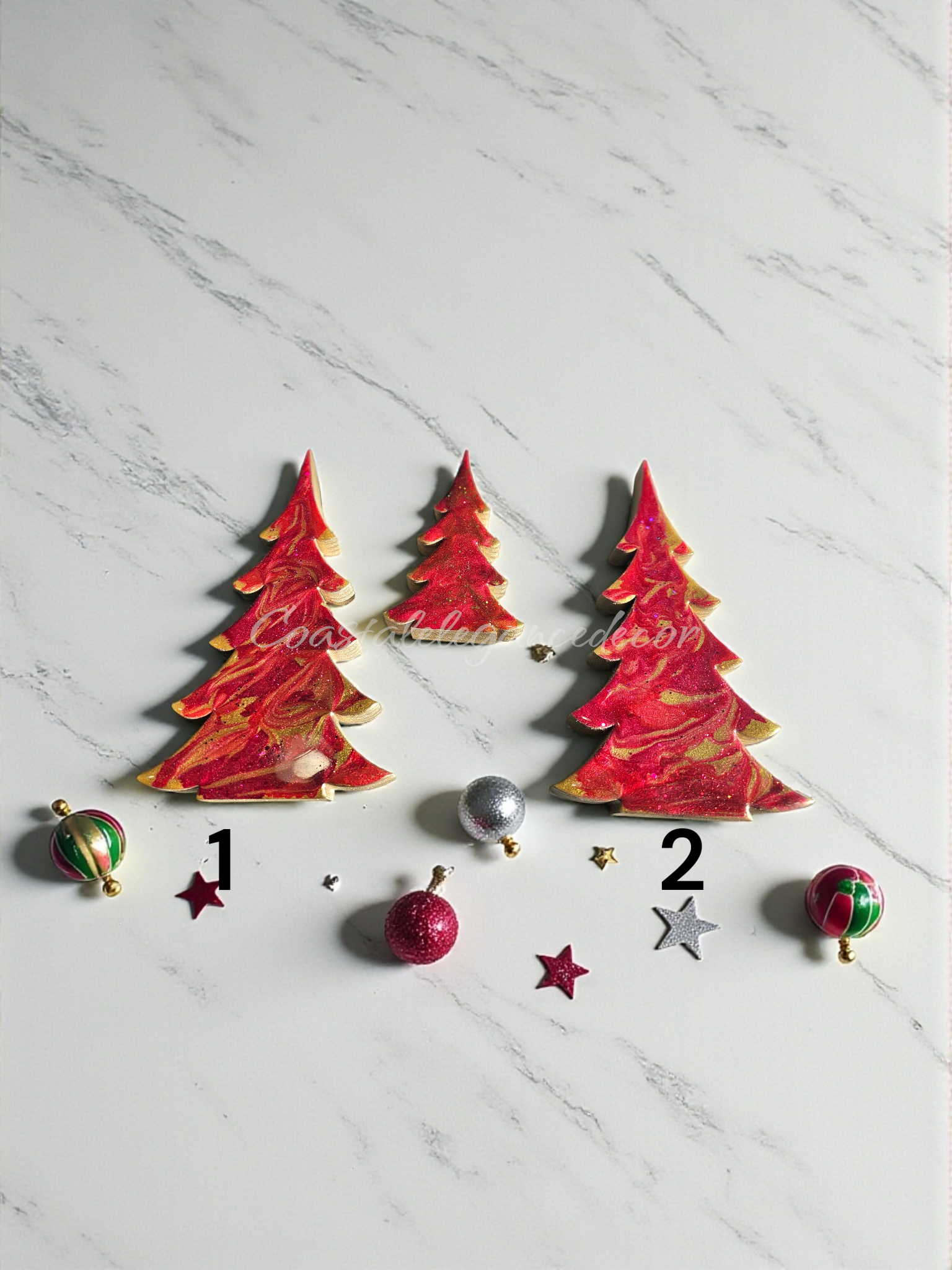 Handmade Lipstick Red and Gold Resin Wood Christmas Trees Holiday Mantelpiece in 8 inch size, ideal for your charming holiday celebration.