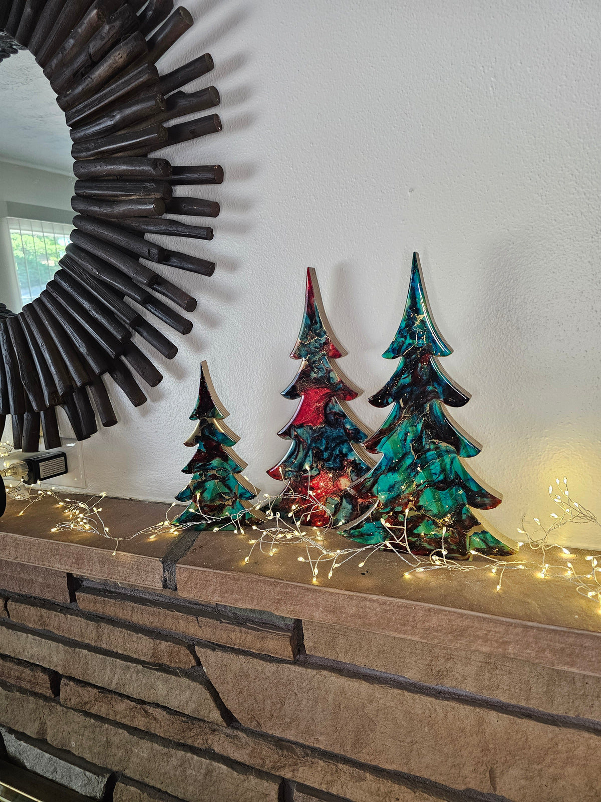 Handmade Turquoise Christmas Trees Shelf Sitter with Red Resin and Gold Accents Multiple Sizes