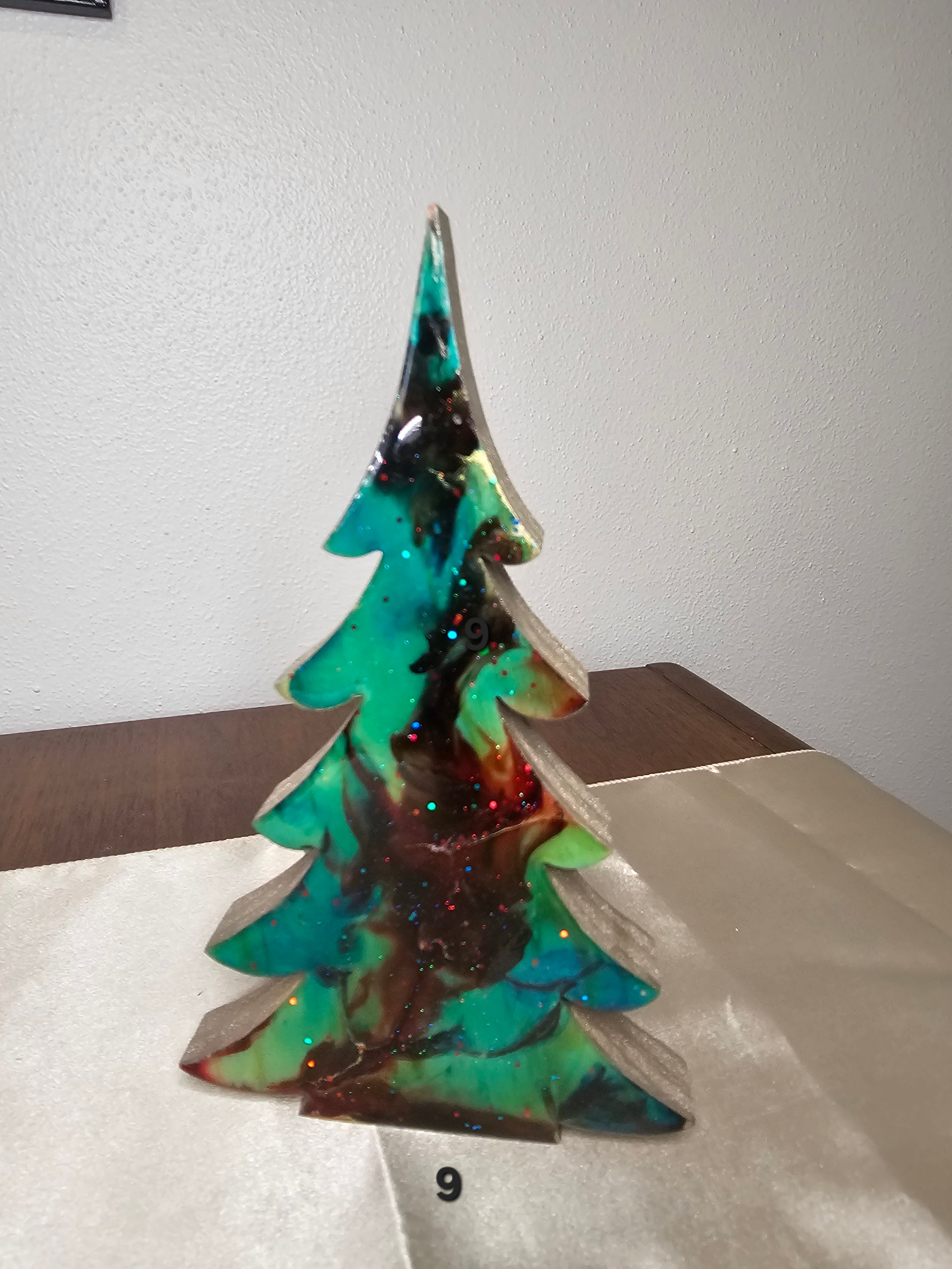 Handmade Turquoise Christmas Trees Shelf Sitter with Red Resin and Gold Accents Multiple Sizes