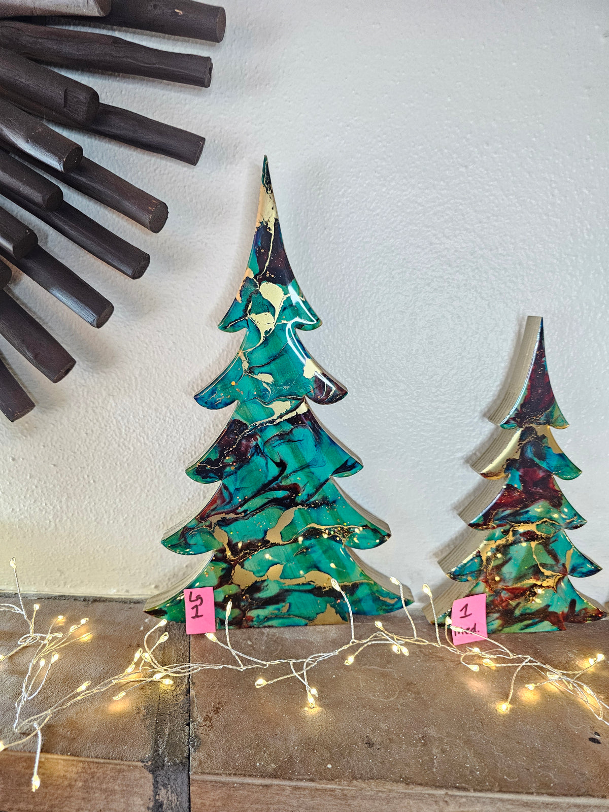 Handmade Turquoise Christmas Trees Shelf Sitter with Red Resin and Gold Accents Multiple Sizes