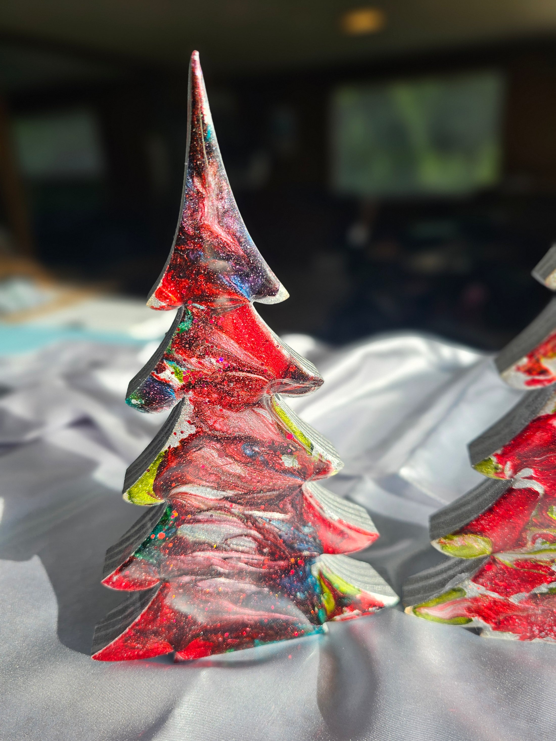 Charming set arrangement of Handcrafted Gemtone Red and Green Tabletop Sparkly Christmas Trees 8 Inches ideal for festive decor.