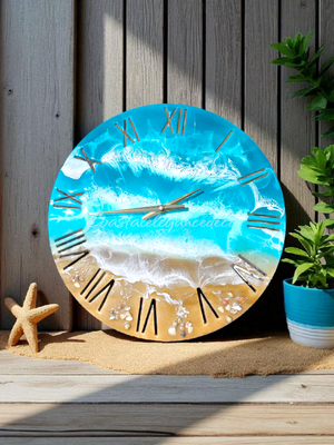 Large 19.5 Inch Blue Roman Numeral Wall Clock -  Sandy Beach Design with Turquoise Ocean Waters