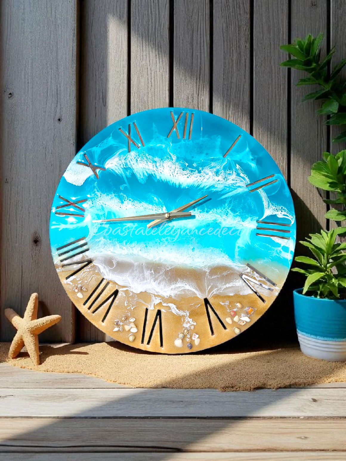 Large 19.5 Inch Blue Roman Numeral Wall Clock -  Sandy Beach Design with Turquoise Ocean Waters