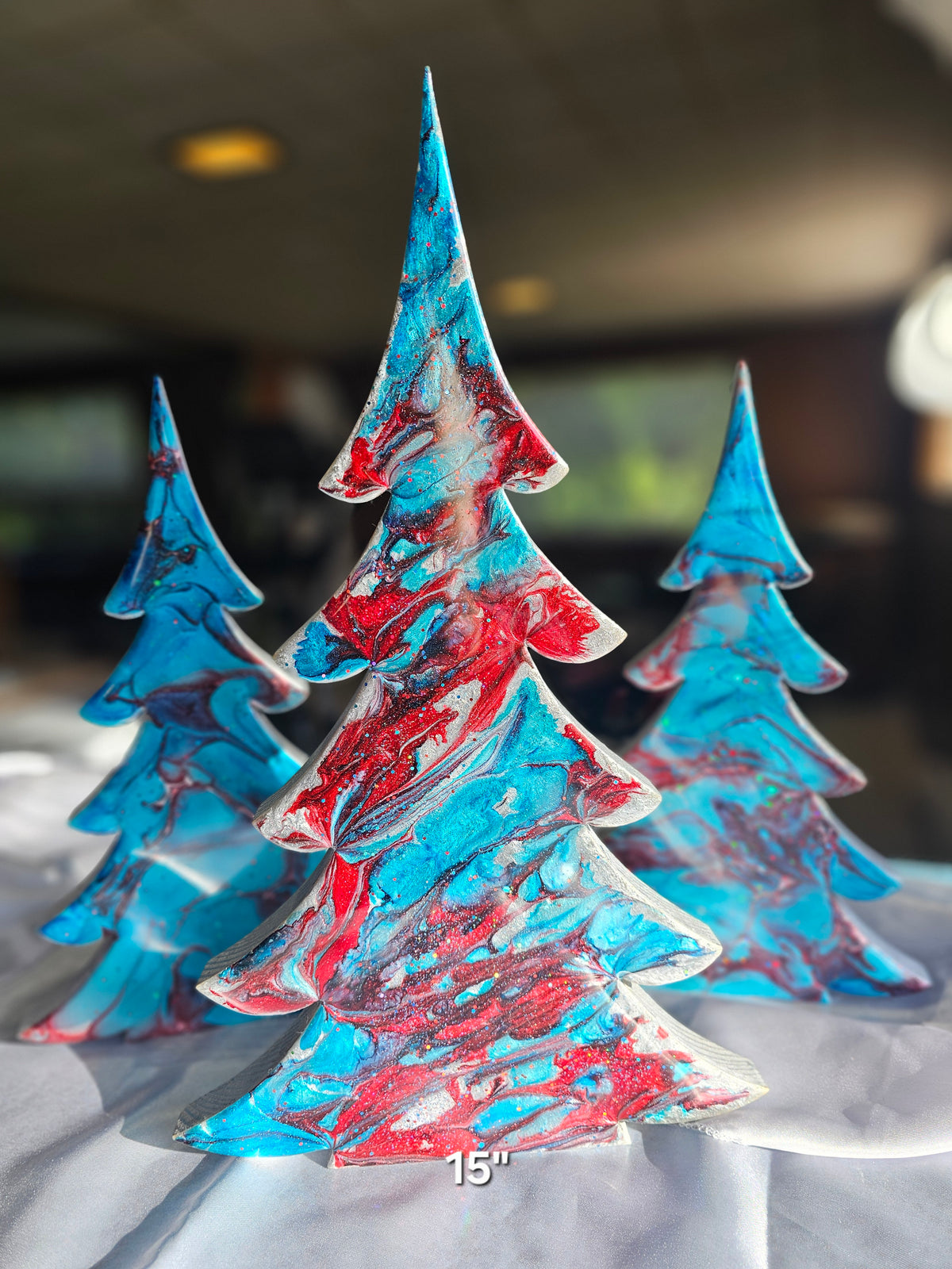 Handmade Silvery Blue and Red Christmas Trees Holiday Shelf Sitter Mantelpiece 3 Sizes