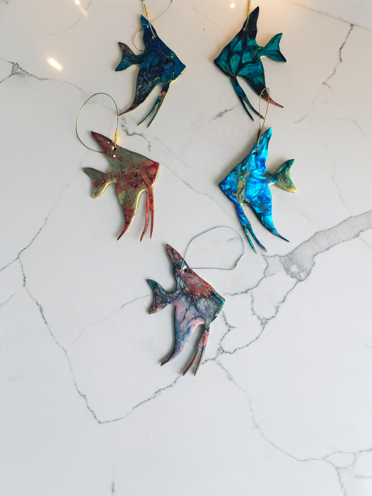 Classy Tropical Angel Fish Handmade Christmas Ornaments Resin and Wood