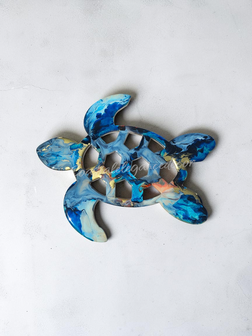 Handcrafted 10" Coastal Polynesian Flower Sea Turtle Wall Art Decor with Vibrant Colors