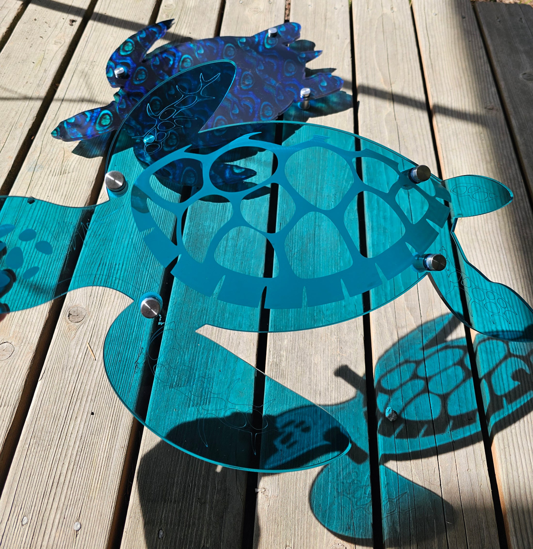 Close-up of a large transparent teal sea turtle showing the 1/4 inch depth, marine-grade stainless steel standoffs, and detailed shell engravings.