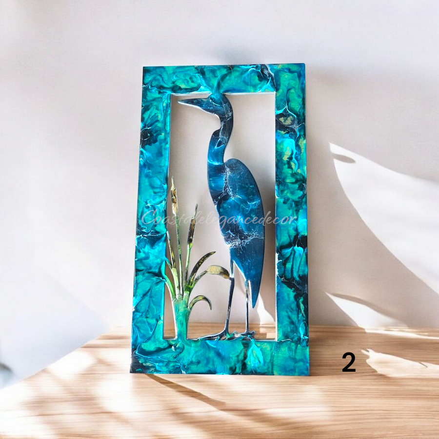 Unique Blue Heron with Cattails Rectangular Frame with Wall Decor