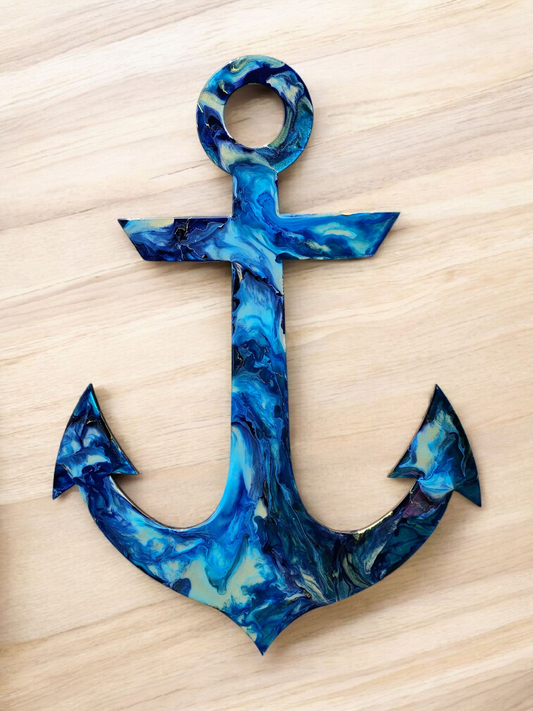 Stunning handmade resin on wood large coastal anchor wall decor in vibrant blues and gold, perfect for adding a unique touch to seaside aesthetics.