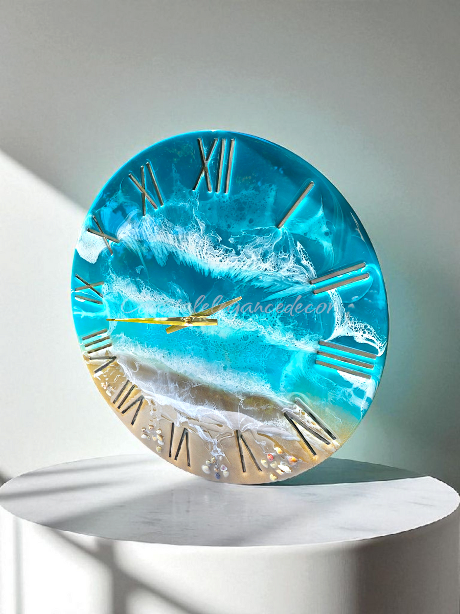 Large 19.5 Inch Blue Roman Numeral Wall Clock -  Sandy Beach Design with Turquoise Ocean Waters