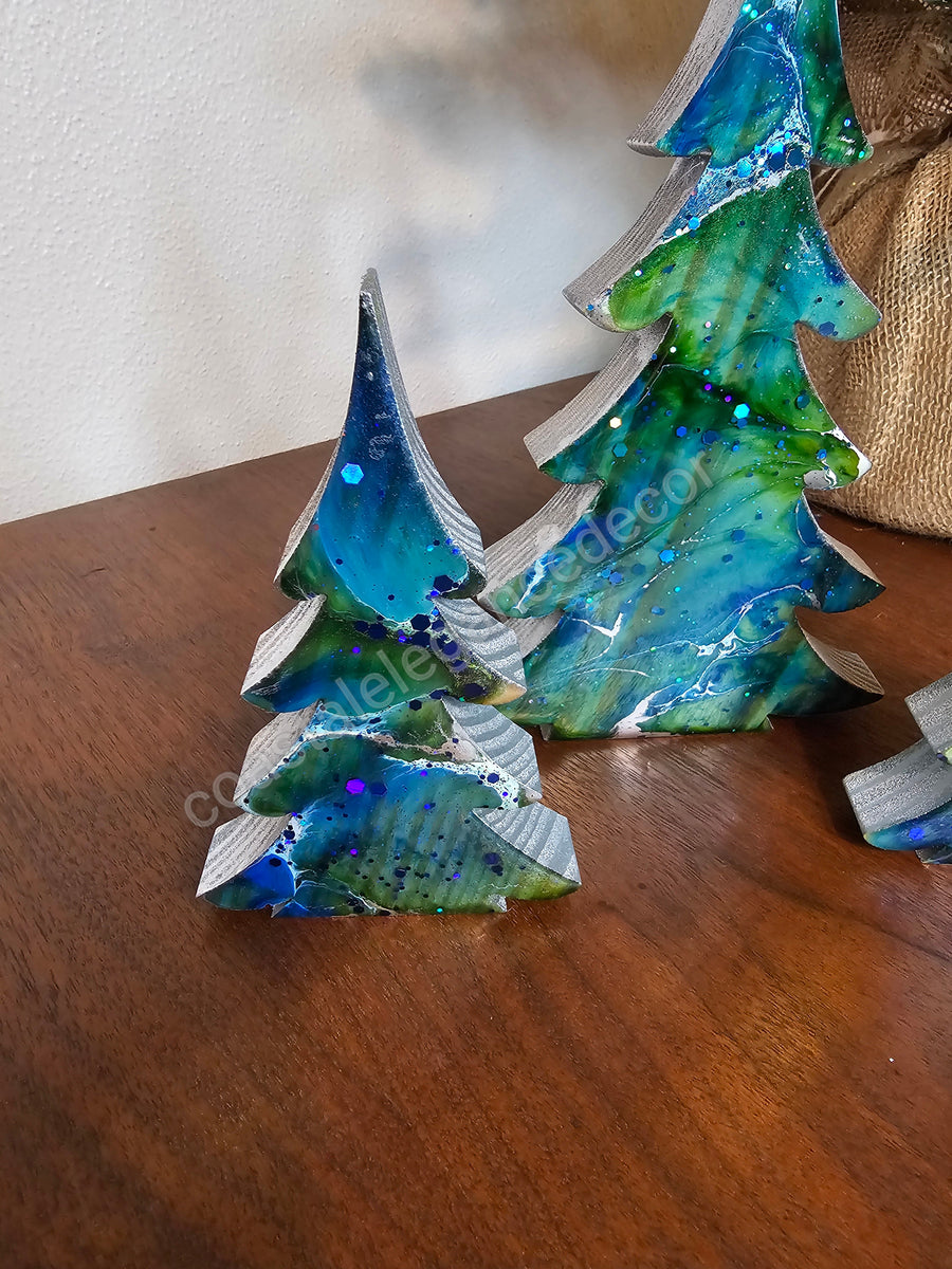 Christmas Trees with Branches Holiday Tabletop Decoration Chunky Wood with Resin Blue Green Silver Lg or Sm