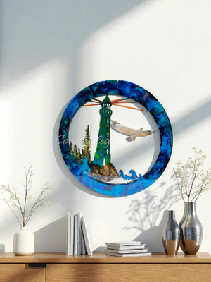 Unique Lighthouse Wall Art with Eagle and Tree Scene in Multiple Colors - 15.75" Round Framed Decor