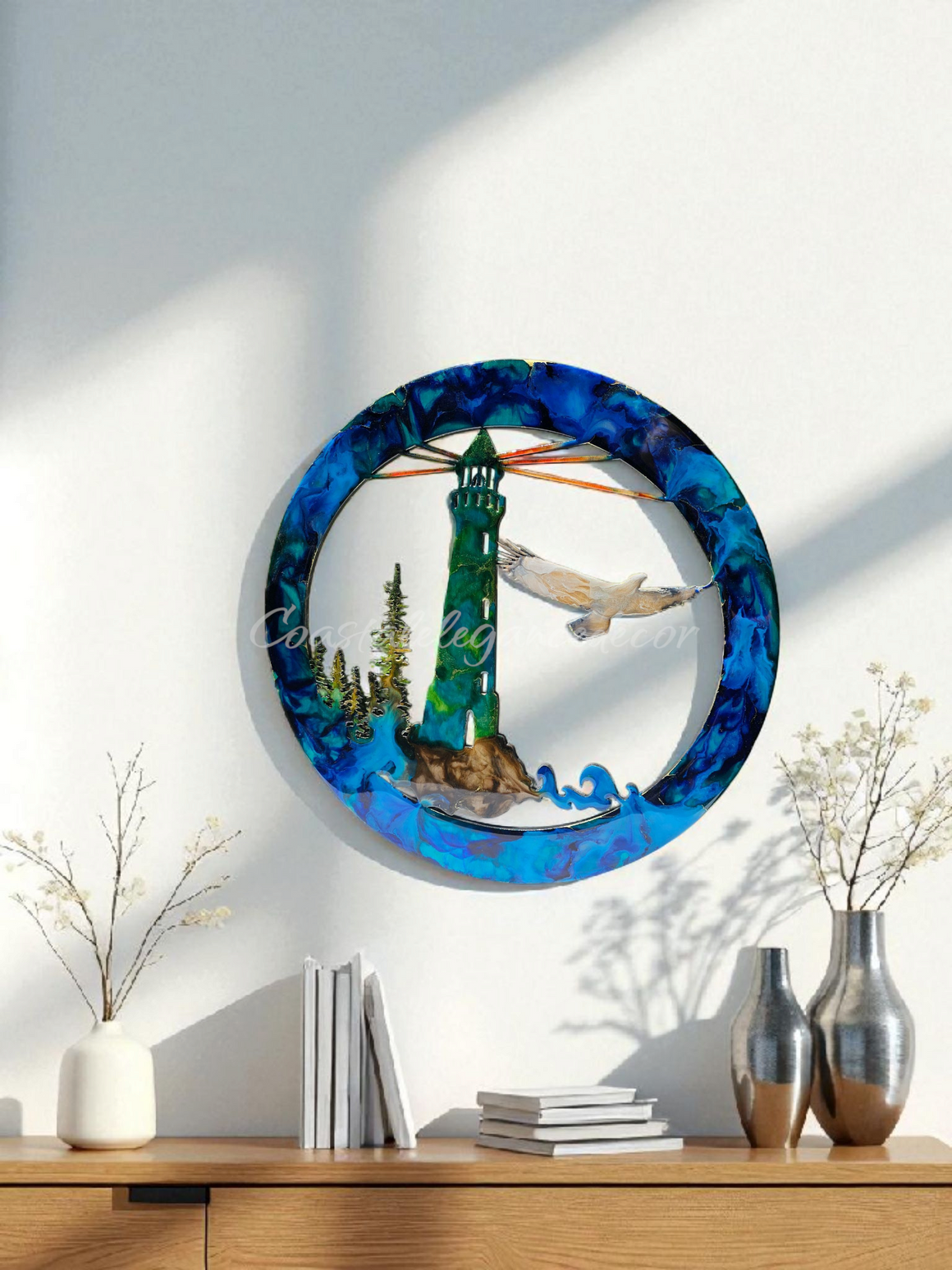Unique Lighthouse Wall Art with Eagle and Tree Scene in Multiple Colors - 15.75" Round Framed Decor