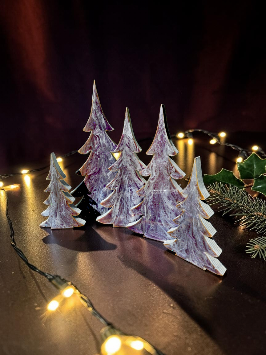 Contemporary Resin Pine Tree – Frosted Plum & Snowy Silver Overlay