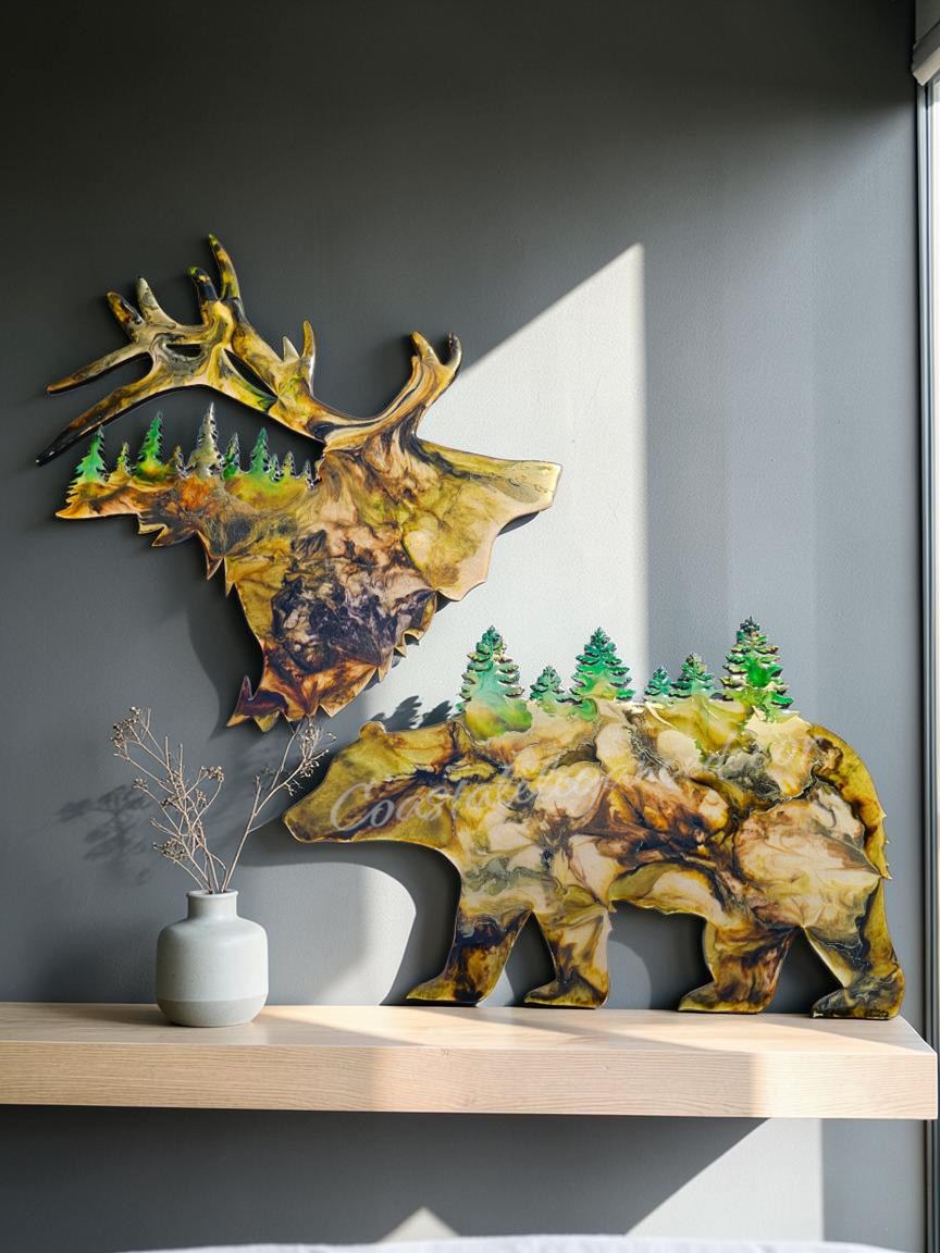 Wildlife Bear with Forest Trees Wood Resin Cabin Wall Decor Handmade